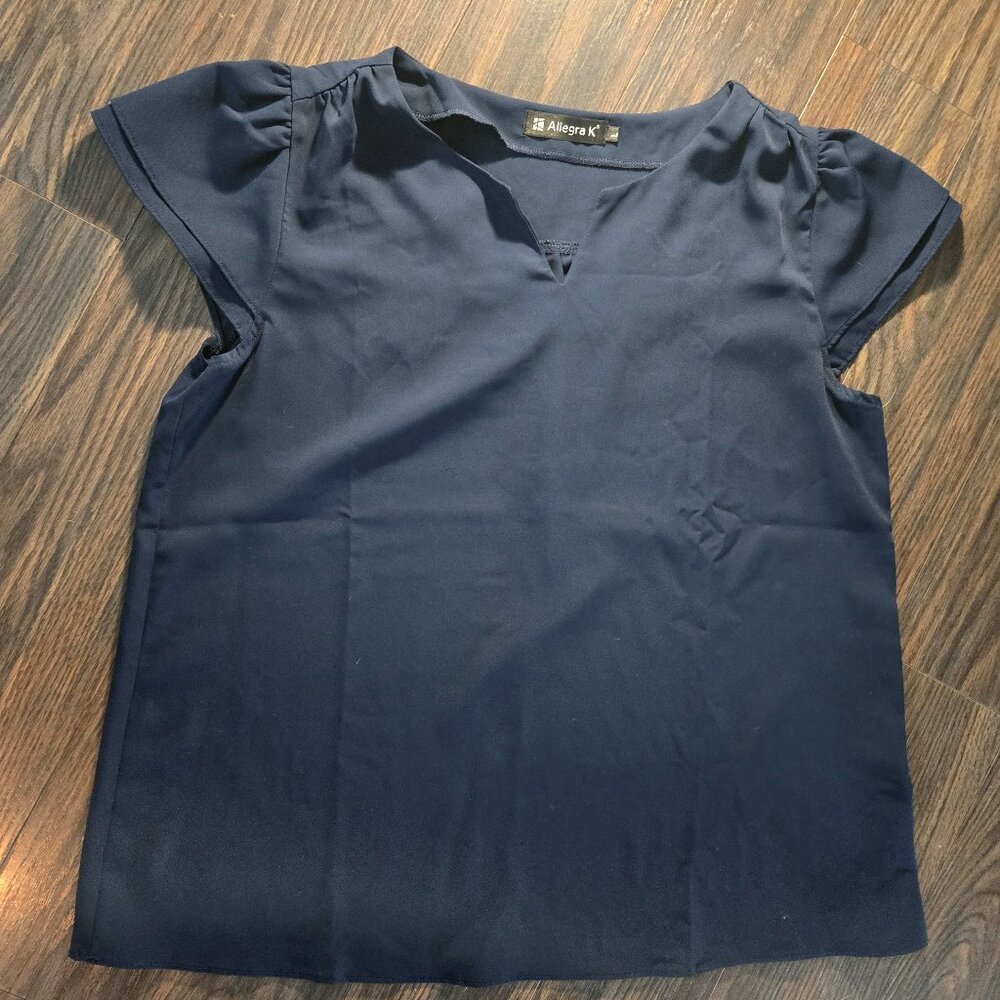 ALLEGRA K Classic Style Dark Blue Polyester Blouse w/ Cap Sleeves SIZE L